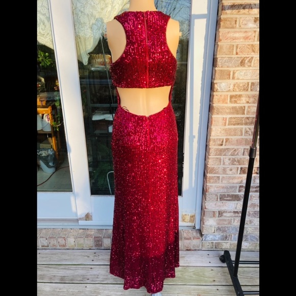 Y2K Red Sequin Goth Sexy Jessica Rabbit Keyhole Vamp Formal Prom Dress - Picture 2 of 7